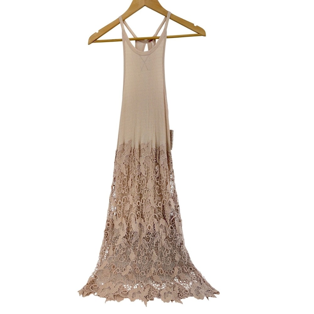 Free People NWT Cream Boho Lace Hem Midi Dress Cottagecore Romantic S Fairy